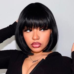 ToyoTress Brown Black Bob Wigs With Bangs - 10 Inch Yaki Straight Hair Daily Costume Wig For Black Women, Soft Short Synthetic Hair Replacement Wigs Heat Resistant (10 Inch, #2-613H)