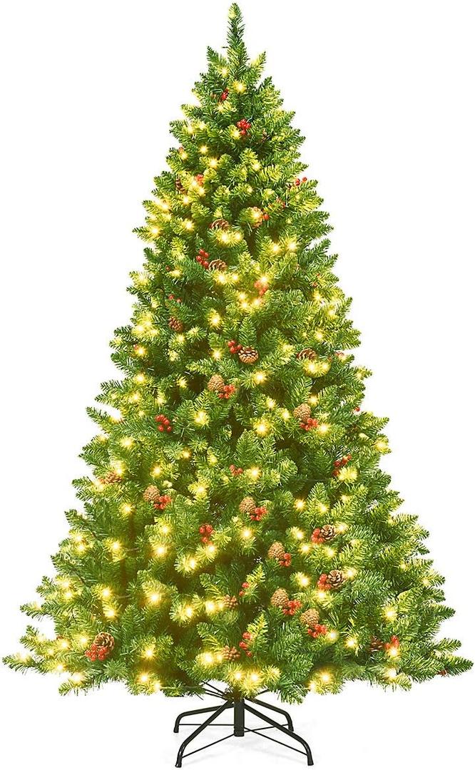 Goplus 6.5FT Pre-Lit Christmas Tree, Hinged Artificial Christmas Tree with 1100 Branch Tips, Sturdy Metal Stand and Pine Cones and Red Berries
