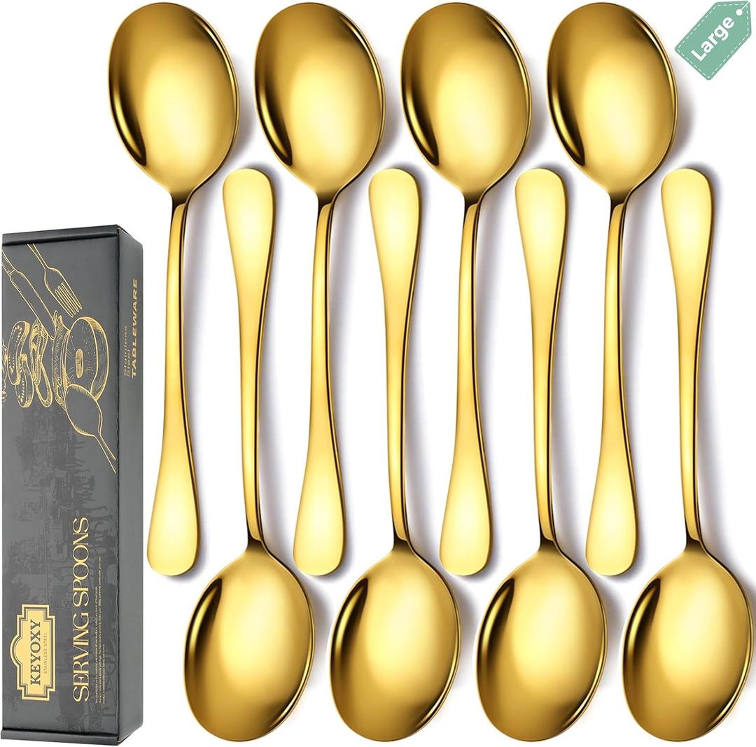 Stainless Steel Serving Spoons Set, 8pc, 10-Inch, Includes 8 Large Spoons, for Parties/Kitchen/Buffet/Catering, Dishwasher Safe, Gold