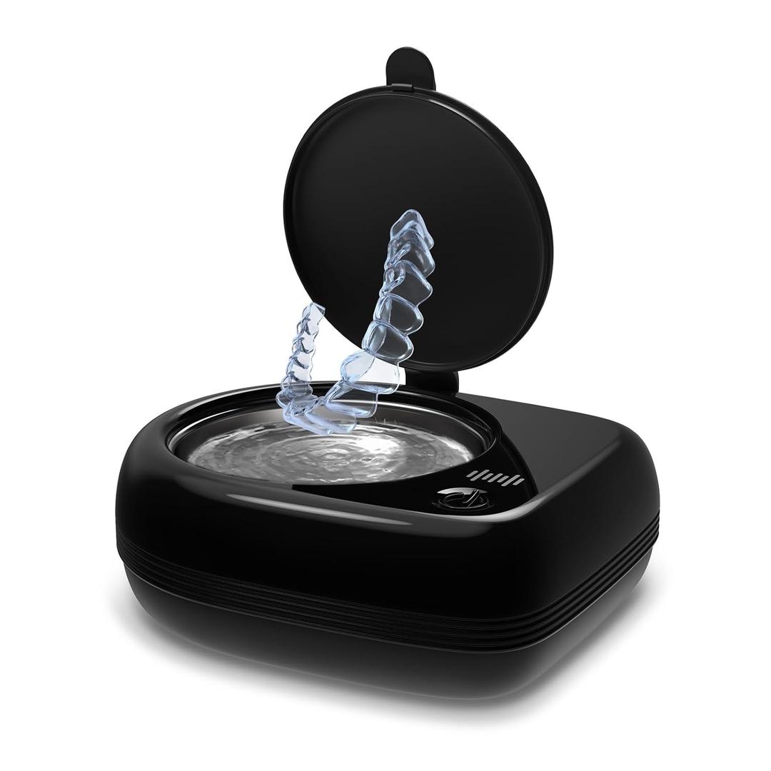 Rechargeable Ultrasonic Retainer Cleaner Machine | 50kHz 1.9 inch Ultra-Thin Portable | Night Guard Aligners Jewelry |6pcs Cleaner Tablets Included | Quick & Deep Clean Modes | Oral Dental Care (Black)