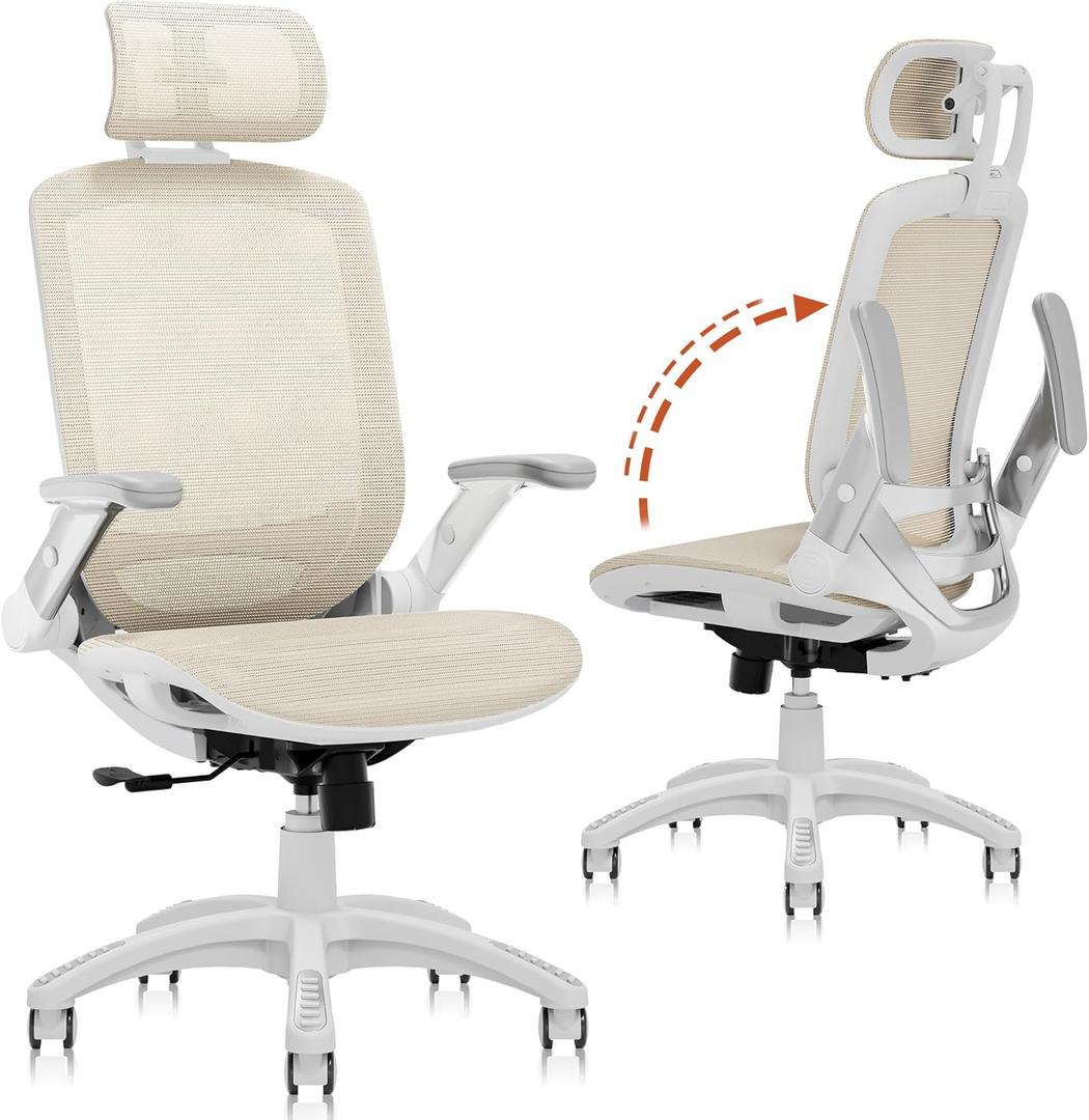 GABRYLLY Ergonomic Office Chair, High Back Home Desk Chair with Headrest, Flip-Up Arms, 90-120 Tilt Lock and Wide Cushion, 400LBS Mesh Chairs for Man Woman, White Task Chair(Beige,GY01WBG)