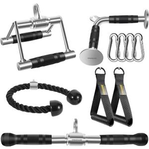 Tricep Press Down Cable Machine Attachment, Heavy Duty Solid Steel LAT Pulldown Attachments, Home Gym Accessories, Double D Handle, V-Shaped Bar, Tricep Rope, Exercise Handles