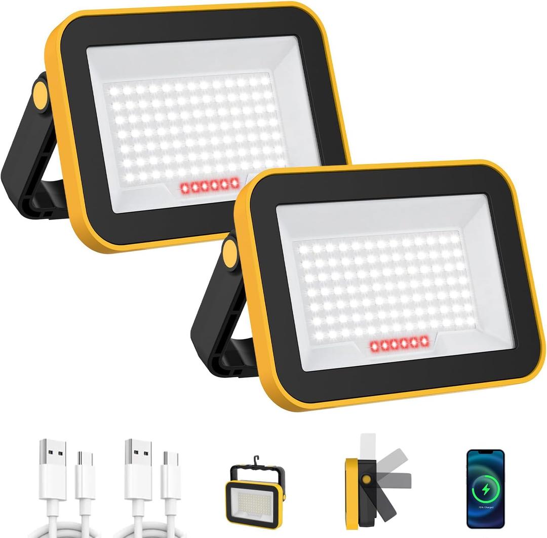 T-SUN Rechargeable Work Light, Portable Flood Light for Outside, Cordless LED Work Light with Tripod Hole, Waterproof Trouble Light USB Powered for Camping Fishing Car Repaire Job Site, 2 Packs