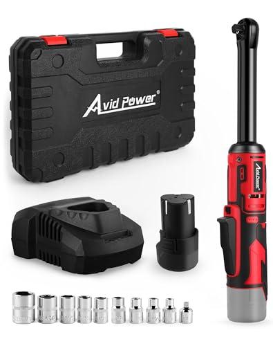 AVID POWER 3/8" Extended Cordless Electric Ratchet Wrench, 60N.m(44.2 Ft-lbs) 12V Power Ratchet Wrench Kit, Variable Speed Trigger, 10 Sockets & 2.0Ah Li-Ion Battery