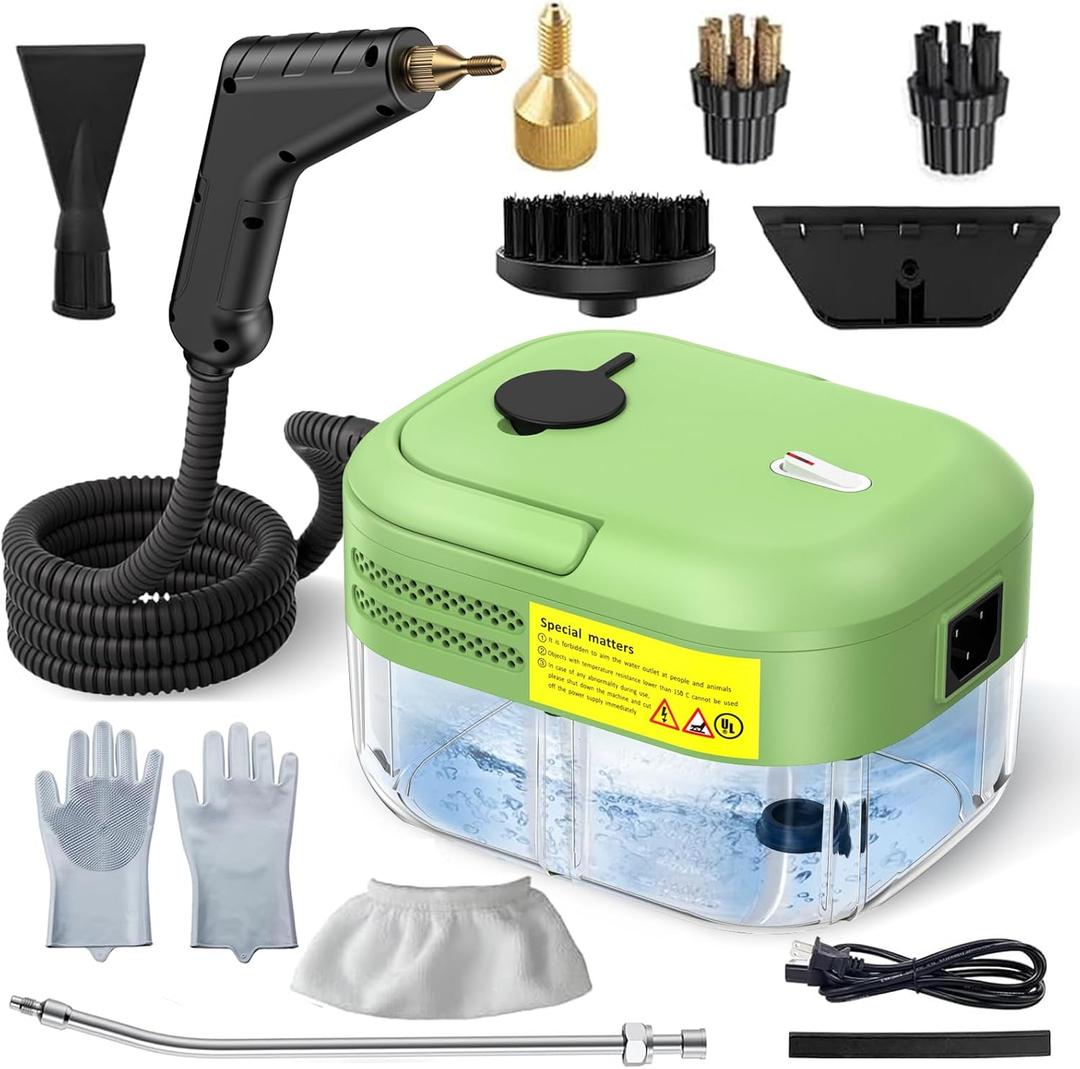 3BAR Steam Cleaner, 2200W Handheld Steam Cleaner whit 8 Accessories for Home Use, Fast Heat-Up in 12s, 1.2L Water Tank, Car-Portable Handheld Steamer for Cleaning Kitchen, Bathroom, Grout, Car (Green)