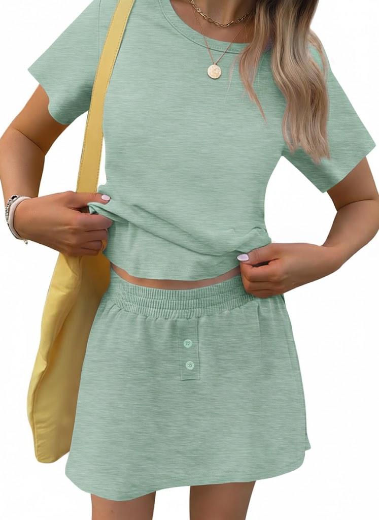 TCOT Pajamas for Women Set Summer Fashion Short Sleeve Crewneck Tops with Skirt Sets Pajama Casual Loungewear (Large, Mint Green)
