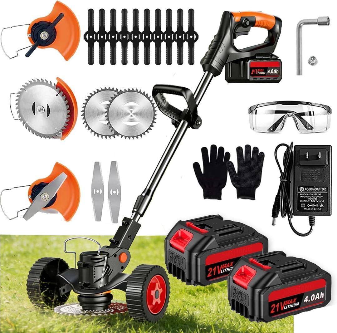 21V Cordless Weed Wacker, 2×4.0Ah Battery Powered Weed Trimmer, Electric Weed Eater with 3 Types Blades, Adjustable Cutting Height & Angle, Brush Cutter & Edger Lawn Tool for Garden Yard Care