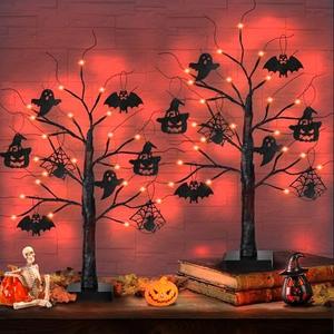 2 Pack 24 Inch Black Halloween Tree with 24 LED Orange Lights, Timer/USB/Battery Operated Lighted Halloween Table Decorations Tree, Spooky Halloween Decorations Indoor Home Decor Party Room