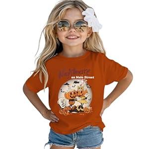GLIGLITTR Girls Halloween Shirt Nightmare on Main Street Pumpkin Bat T-shirt Spooky Season Short Sleeve Tops Kids Fall Outfits(Orange, 9-10 Years)