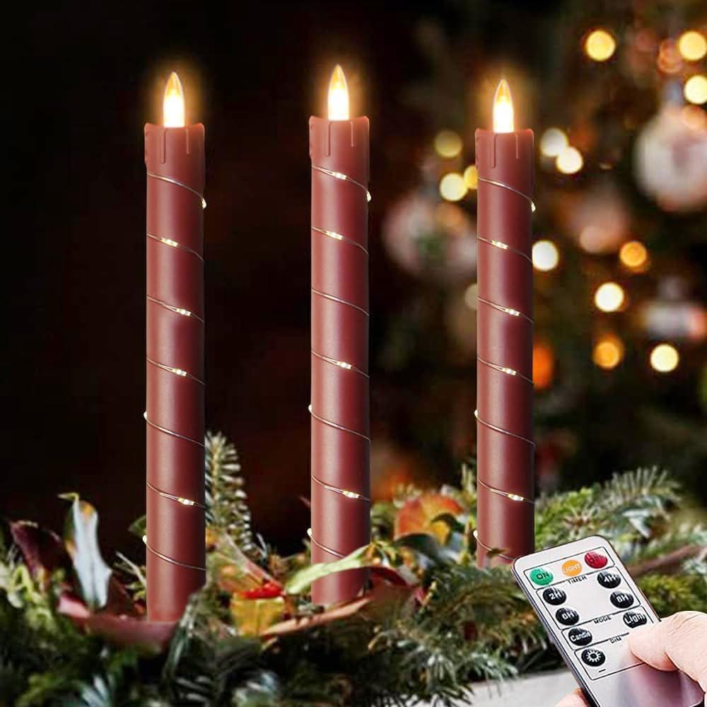 Flameless Cone-Shaped Candle, Patented with Starlight String, 11 Key Remote Control, Timer, Battery Powered, Patented Simulated Flame, 3 Packs, Christmas Home and Wedding Decoration (red)