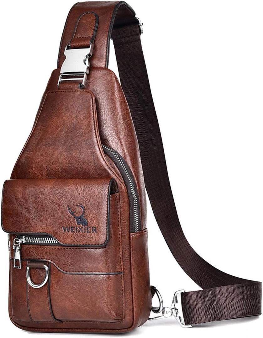 PU Leather Sling Bag for Men - Waterproof, Lightweight, Crossbody Chest Bag for Hiking & Cycling (Dark Brown)