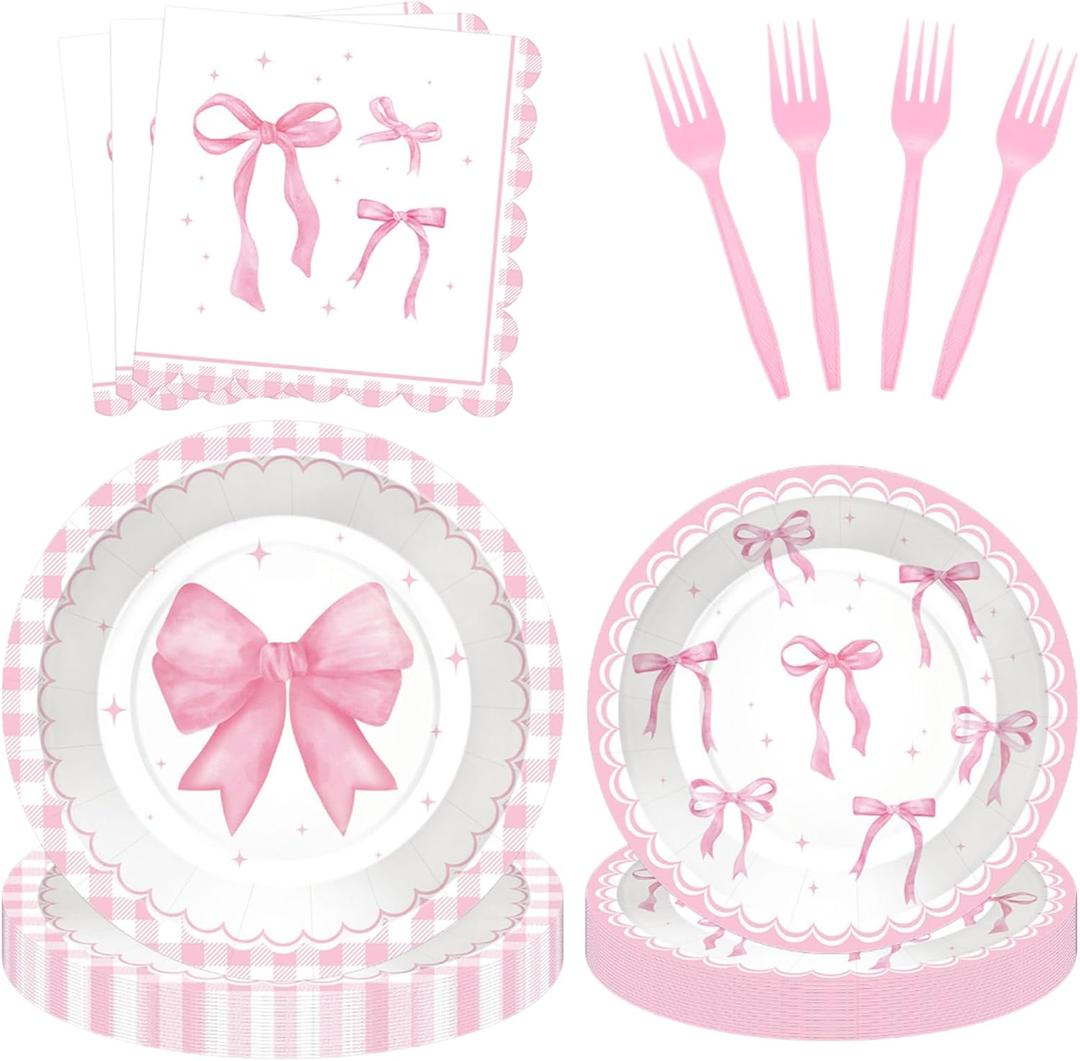100 Pcs Pink Ribbon Bow Party Supplies Set - Serves 25, Watercolor Disposable Tableware, Includes Paper Plates, Napkins, Forks for Wedding, Bachelorette, Birthday, Girls Coquette-Style Themed Favors