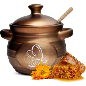 Ceramic Honey Pot, Honey Container with Dipper, Metallic Neutral Color Honey Jar, Honey Dispenser, Ceramic Pot, Stylish Honey Storage for Rustic, Modern, Home and Farmhouse Kitchen Decor