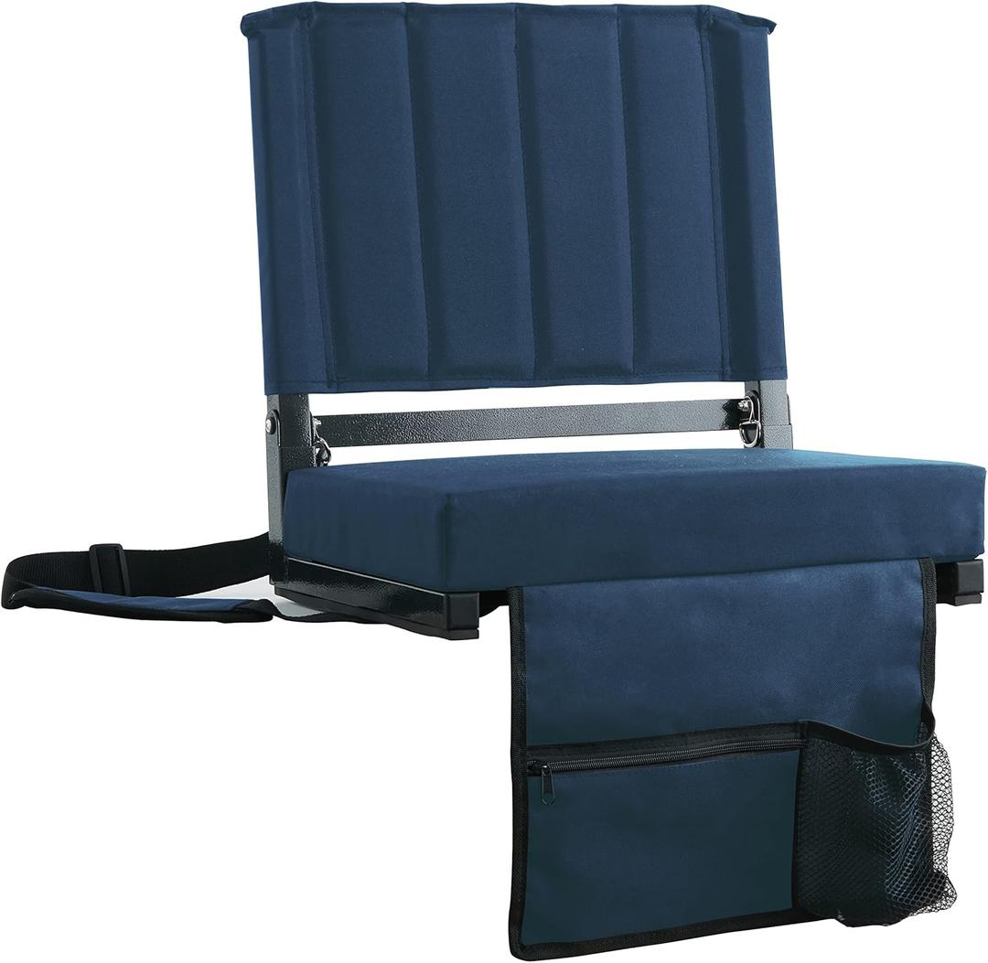 SPORT BEATS Stadium Seats with Back Support Bleacher Chairs with Back and Cushion Thick Padded Bleacher Seats Includes Shoulder Strap (Navy Blue)