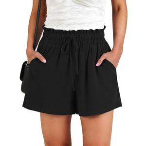 Linen Shorts for Women Summer Drawstring Wide Leg High Waist Shorts (Black, M)