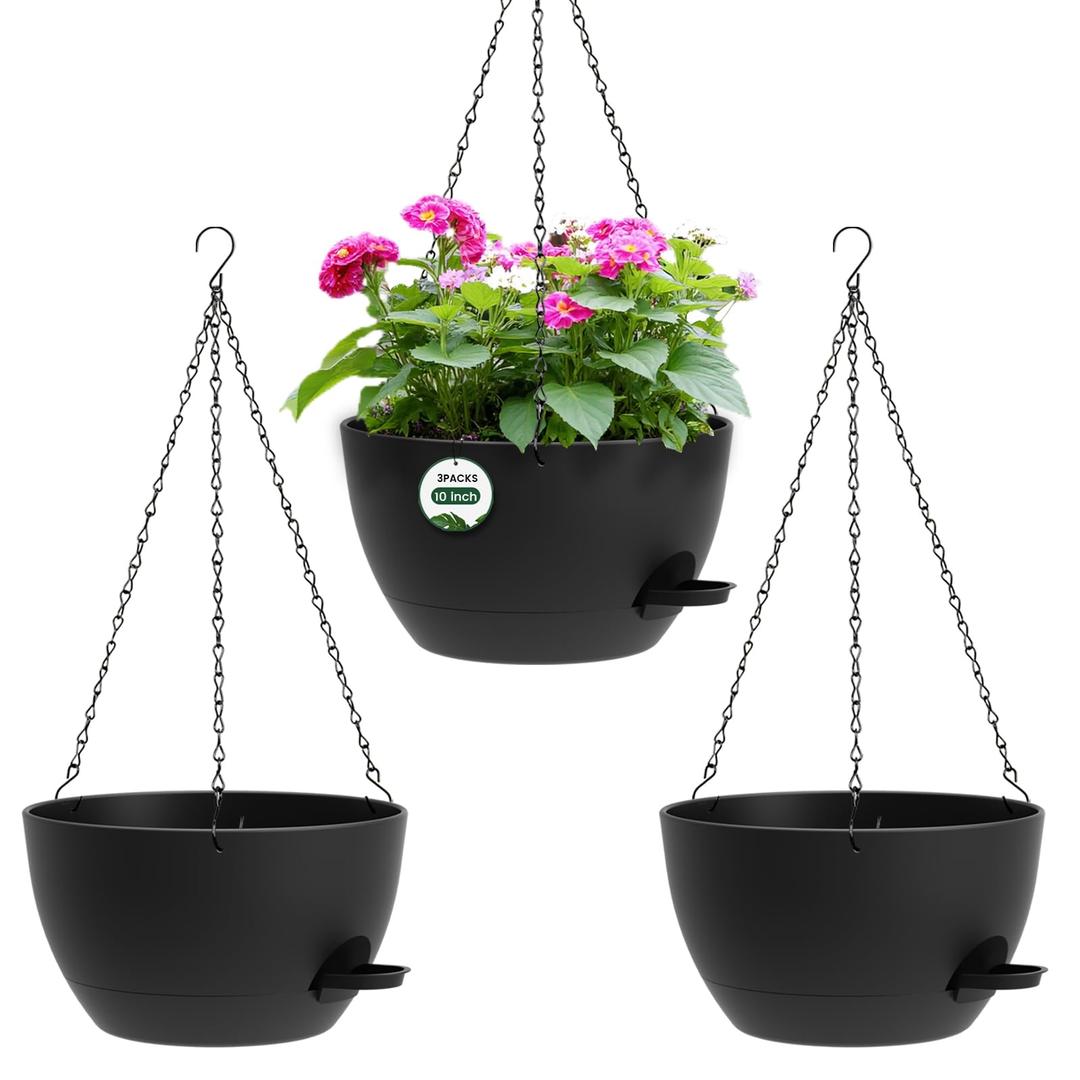 3 Pack 10 Hanging Flower Pots with Chains Self Watering Plastic Planters for Indoor Outdoor Plants, Sturdy Triangular Iron Chain Design for Garden PorchPlastic Hanging Flower pots (3, Black)