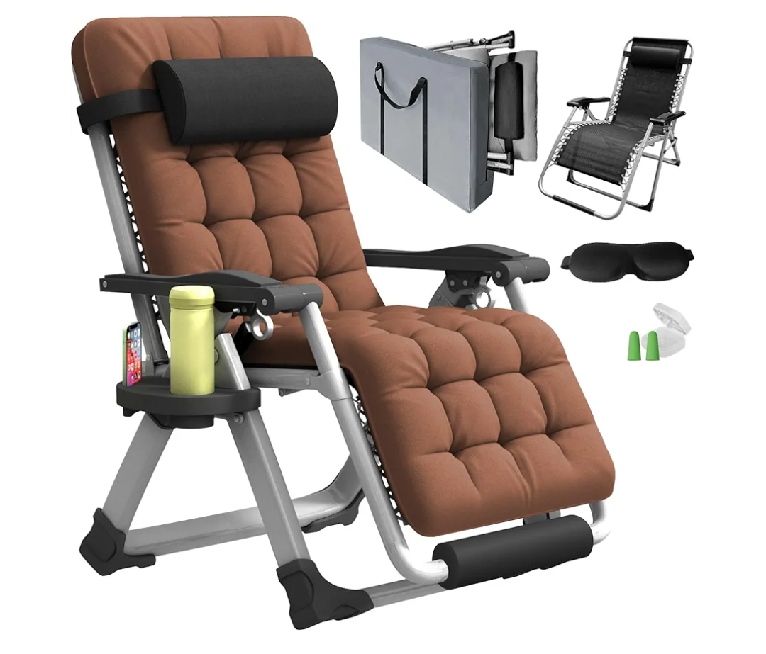 YOMIFUN Oversized Zero Gravity Chair, XL Lounge Chair 29” Width, Padded Reclining Camping Chair W/Removable Cushion & Adj Headrest, Storage Bag, Footrest Cushion, Cup Holder, for Indoor Outdoor, Brown