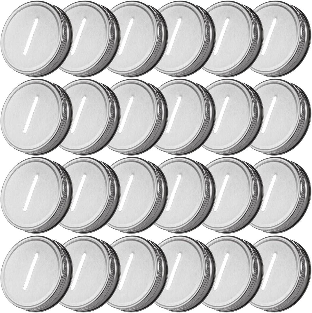 JMIATRY 50Pcs Coin Slot Lids for Regular Mouth Mason Jar, Polished Rust Resistant Canning Lids, Money Saving Jars Silver Slotted Lid, Metal Coin Slot Lid for Regular Mouth Ball, Use for 2.75 Inch