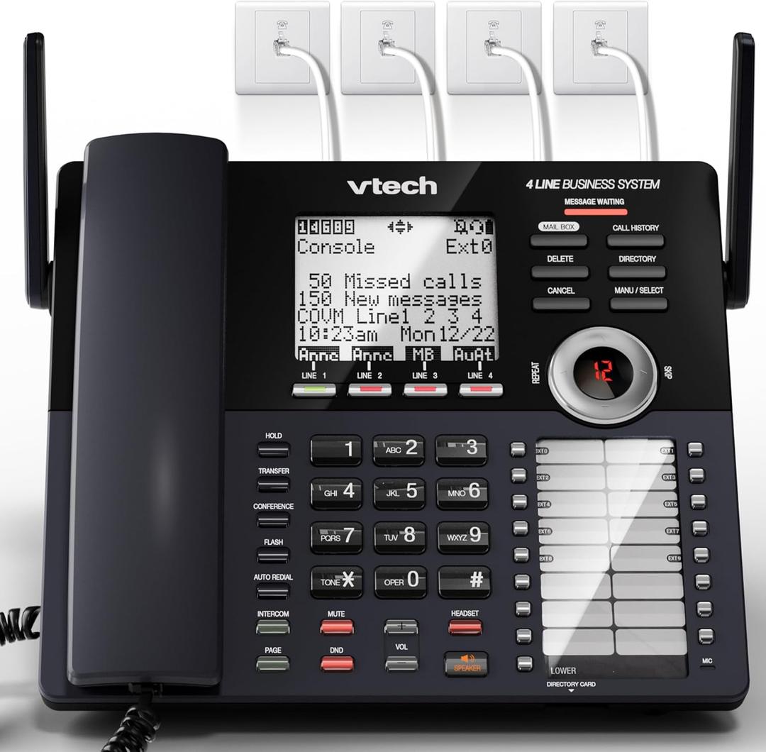 VTech AM18447 Main Console 4-Line Expandable Small Business Office Phone System with Answering Machine, Intercom, Auto Attendant & Music on Hold, Black