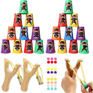 Ninja Party Favors - Wooden Slingshot Catapult Kit for Kids with 30 Pom Poms & 24 Plastic Cups,Ninjago Birthday Party Decorations,Fun Indoor/Outdoor Game,Holiday Games for Ninja Kidz Toys