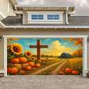 BlissYard Thanksgiving Garage Door Cover Fall Garage Door Banner Pumpkin Garage Door Decorations Autumn Garage Mural 13x6ft Cross Harvest Sunflower Barn Backdrop for Outdoor Fall Porch Decor