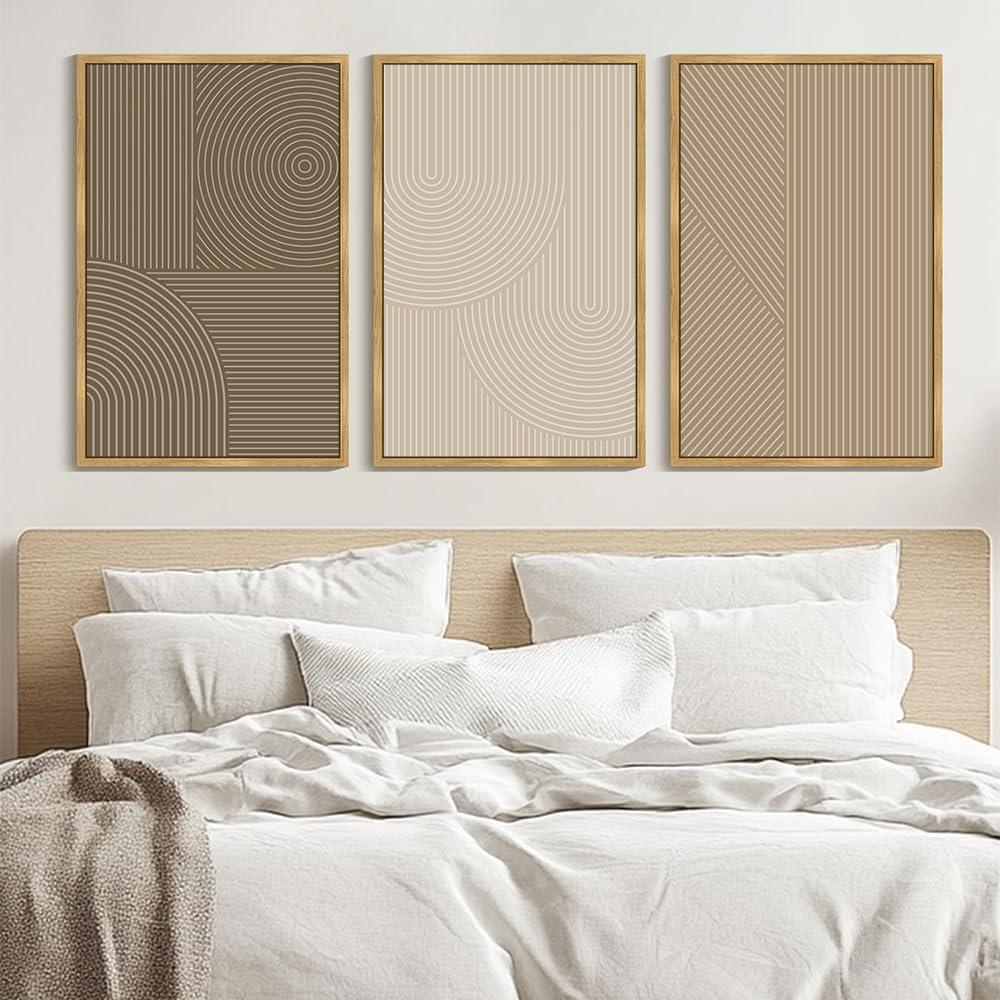 PHOPAGO Boho Mid-Century Modern Framed Wall Art Large 24x36in Minimalist Abstract Neutral Line Wall Decor Bohemain Geometric Artwork Bedroom Dining Room - Natural Framed