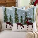 Farmhouse Christmas Pillow Covers 18x18 Set of 2, Xmas Embroidered Throw Cushion Cases with Festive Patterns for Rustic Home Holiday Decor (Reindeer Snow, 18" x 18" (Pack of 2))