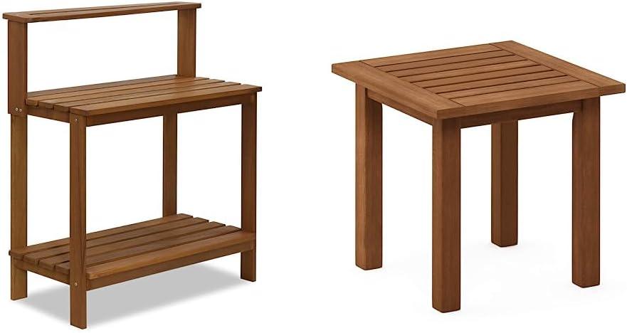 Furinno FG17478 Tioman Outdoor Patio Furniture Hardwood Potting Bench, Natural & FG18506 Tioman Hardwood Patio Furniture Outdoor End Table, Natural