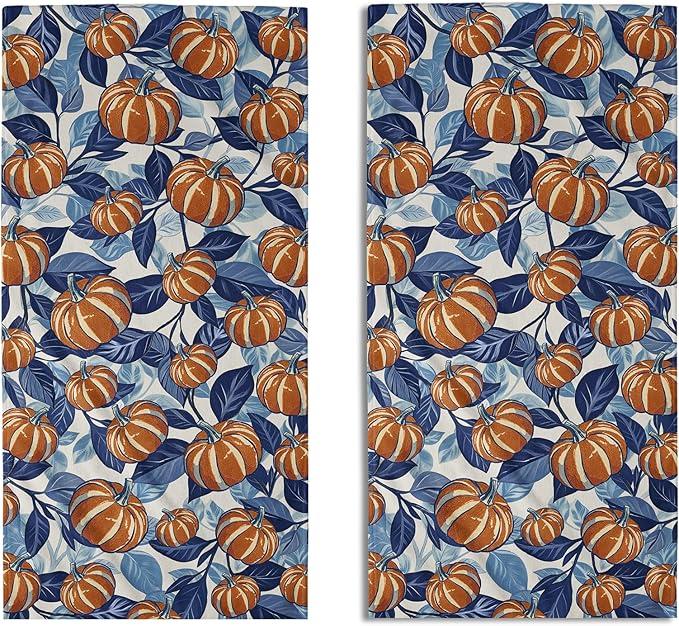 Blue Burnt Orange Fall Thanksgiving Day Hand Towels for Bathroom Set of 2 Pumpkin Autumn Harvest Print Holiday Decorative Handtowels Soft Absorbent Bath Towel for Home Guest Room Hotel Gym Spa