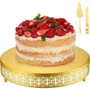 Wenqik Gold Cake Stand 14 Inch Metal Round Cupcake Dessert Stand with Cake Cutting, Spatula Xmas Cupcake Pastry Display Candy Holder Display for Wedding Birthday Party