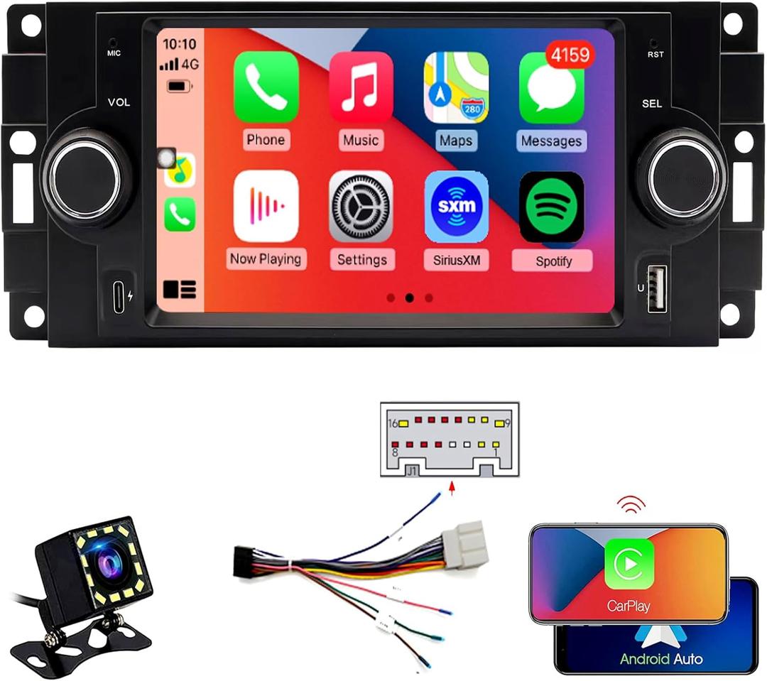 QLED Screen Radio for Dodge Ram 1500/2500/3500 2006 2007 2008,Chrysler 300 /300C 2005 2006 2007,Jeep Grand Cherokee 2005 2006 2007,CarPlay Android Auto Ready,Fast Charge,Free Back Camera