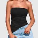 PRETTYGARDEN Tube Tops for Women Trendy Summer 2026 Spring Fashion Going Out Y2K Clothes Asymmetrical Ruched Strapless Shirts (Black, S)
