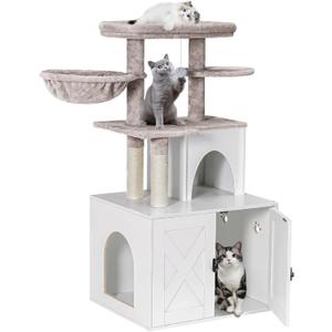 Snughome Cat Litter Box Enclosure with Cat Tree Tower and Condo, Hidden Washroom Furniture with Sisal Scratching Post and Soft Plush Perch, Wooden Cat Furniture with Multiple Platforms, White
