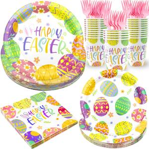 125PCS Easter Plates and Napkins Set, Colorful Egg Bunny Pattern Disposable Paper Plate Cups Forks Napkins for Easter Party Decorations, Serve for 25 Guests (Easter Egg)
