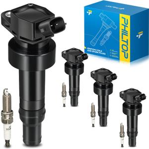PHILTOP Ignition Coil Pack and Iridium Spark Plugs Fits for Kia 2012-2019 Soul 1.6L, Hyundai 2012-2019 Accent, Kia 2012-2019 Rio, Hyundai 2013-2017 Veloster 1.6L, Hyundai 2012 Veloster, 4PCS UF652