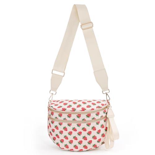 Crescent Crossbody Bum Bag for Women, Large Nylon Sling Belt Bag, Trendy Checkered Fanny Pack, Multi-Pocket Shoulder Purse (Strawberry Print - Beige)