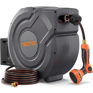 Retractable Garden Hose Reel 90 ft x 5/8 inch Automatic Slow Return 9 Sprayer Nozzle Any Length Lock Heavy Duty Wall-Mounted Hose Reels for Outside 180 Swivel UV Resistant