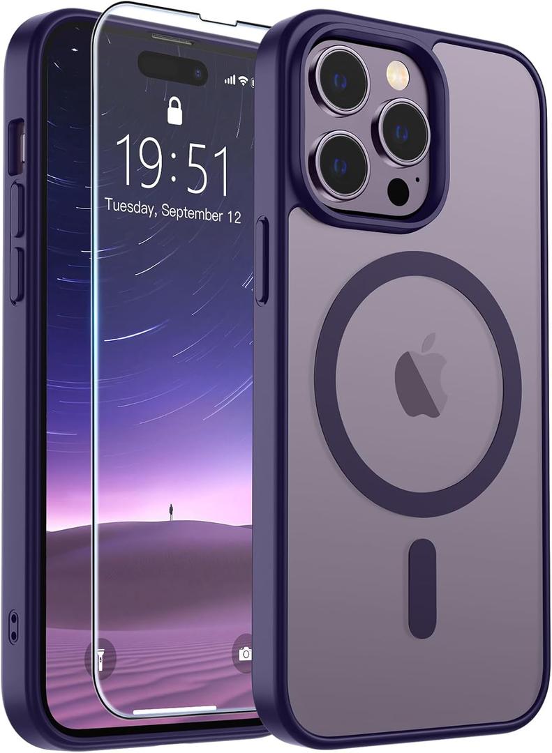 SUPFINE Magnetic for iPhone 14 Pro Case (Compatible with MagSafe) (Military Grade Drop Protection) Translucent Matte Shockproof Phone Case, Dark Purple