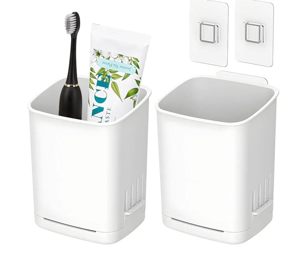 2 Pcs Toothbrush Holder Wall Mounted, No Drilling Toothbrush Holders for Bathroom, Shower Electric Toothbrush and Toothpaste Razor Holder Removable Self Draining for Bathroom Kitchen (White)