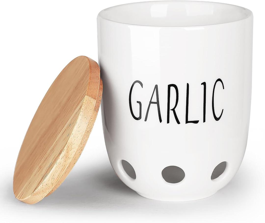 Ceramic Garlic Keeper for Counter, Garlic Saver Container with Wood Lid, Garlic Keeper for Kitchen, Garlic Holder to Keep Your Garlic Cloves Fresh Longer (White)