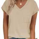 SAMPEEL Women's V Neck Cap Sleeve T-Shirt (Beige, M)