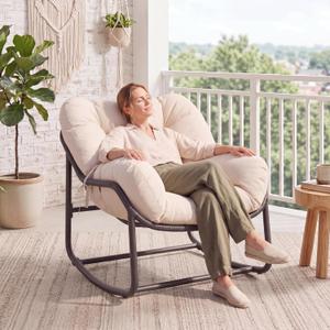 Papasan Rocking Chair with Cushion Set, Indoor Outdoor All-Weather Wicker Rattan Lounge Recliner, 450 lbs Heavy Duty Patio Egg Chair for Living Room Balcony Porch Garden,Beige