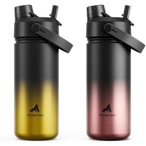 POWCAN 2 Pack 18 oz Kids Insulated Water Bottle for School: Leakproof, 2-in-1 Straw Spout Lid, BPA-Free, Keep Cold 24 Hrs, Stainless Steel Cup for Sports, Travel, Gift for Girls Boys Daughters Sons