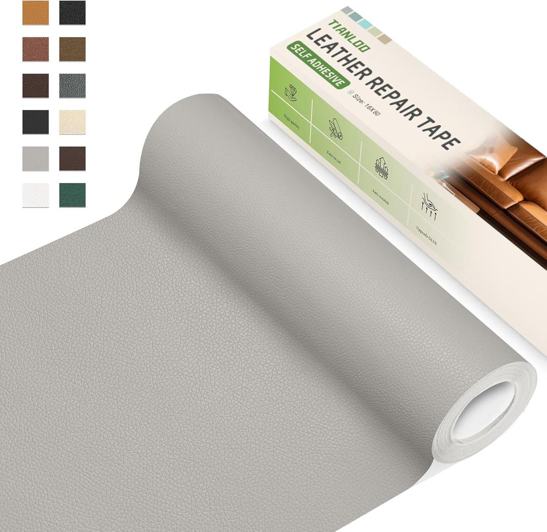 Leather Repair Tape, 16 x 80 Inches Self Adhesive Leather Repair Patch，Leather Repair Kit for Furniture，Couches, Car Seats, Cabinets, Handbags(Light Gray-Litchi Grain)