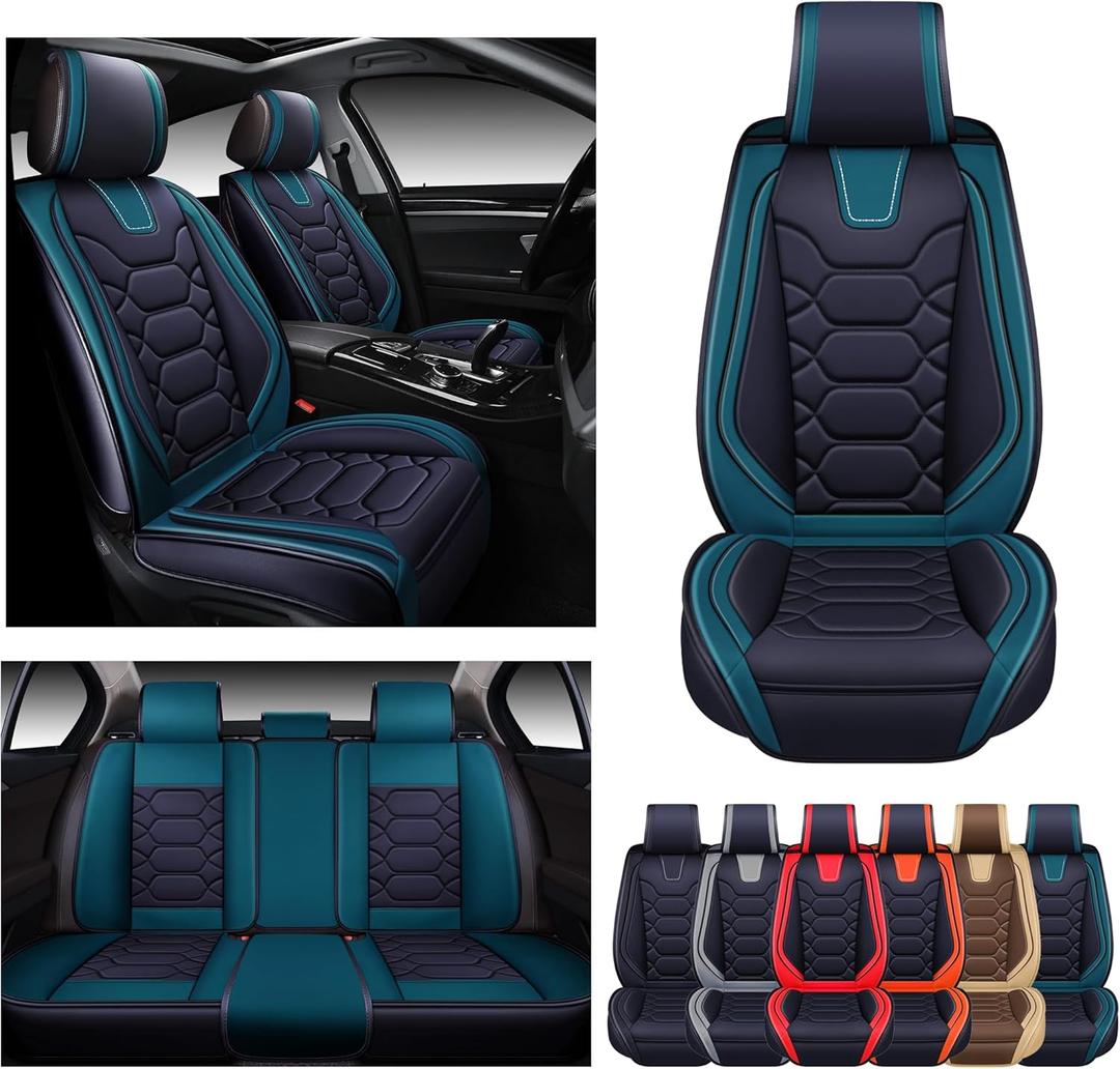 OASIS AUTO Car Seat Covers Premium Waterproof Faux Leather Cushion Universal Accessories Fit SUV Truck Sedan Automotive Vehicle Auto Interior Protector Front Pair (OS-004 Black&Teal)