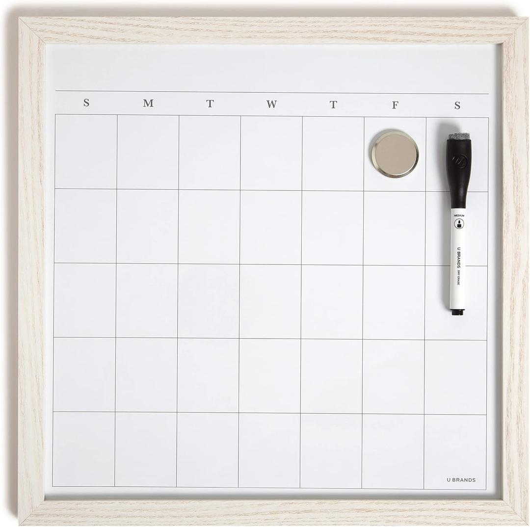 U Brands Rustic Monthly Dry Erase Board with White Wooden Frame, Office Supplies, 14 x 14