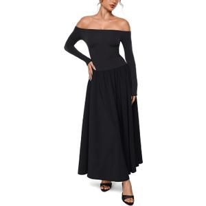 INLYRIC Women's Off The Shoulder Long Sleeve Maxi Dresses Elegant Formal Wedding Guest Cocktail Long Dresses (Black, L)