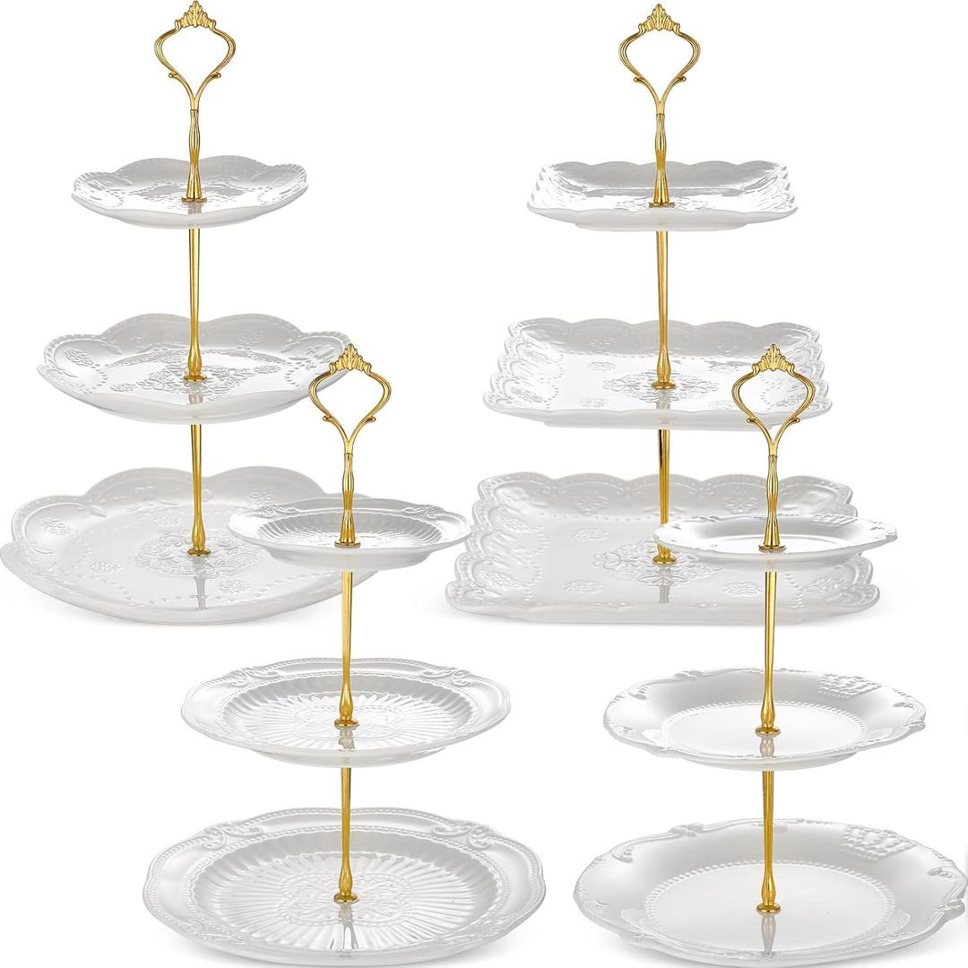 Tioncy 4 Pack 3 Tier Cupcake Stand Ceramic Cake Tower Stand Three Tiered Serving Tray Dessert Table Display Set for Pastry Fruit White Vintage Porcelain Embossed Platter for Wedding Birthday Party