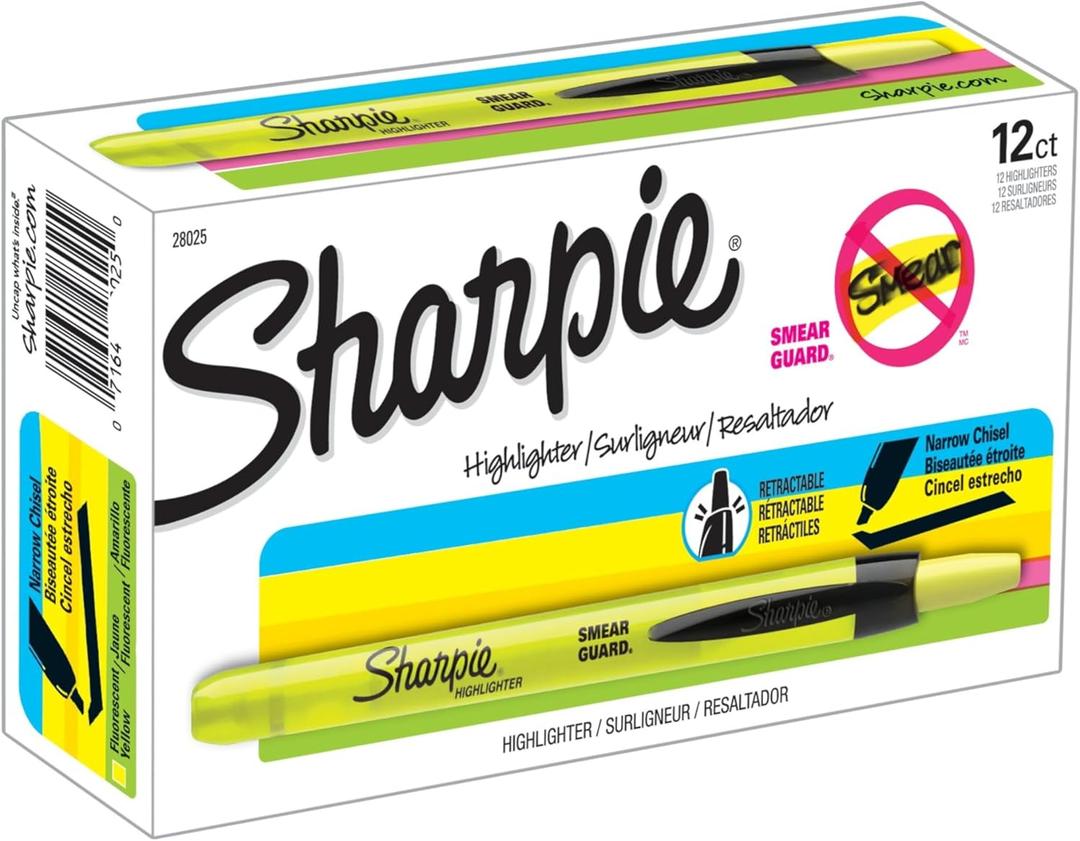 Sharpie Retractable Highlighters, Chisel Tip,  Yellow, 12 Count