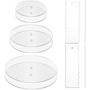 Ailaxq Acrylic Round Cake Discs Set 6.5”, 8.5”, 10.5” 2 Circles Each Size, Comb Icing Scraper, Edge Smoother Cream Scraper